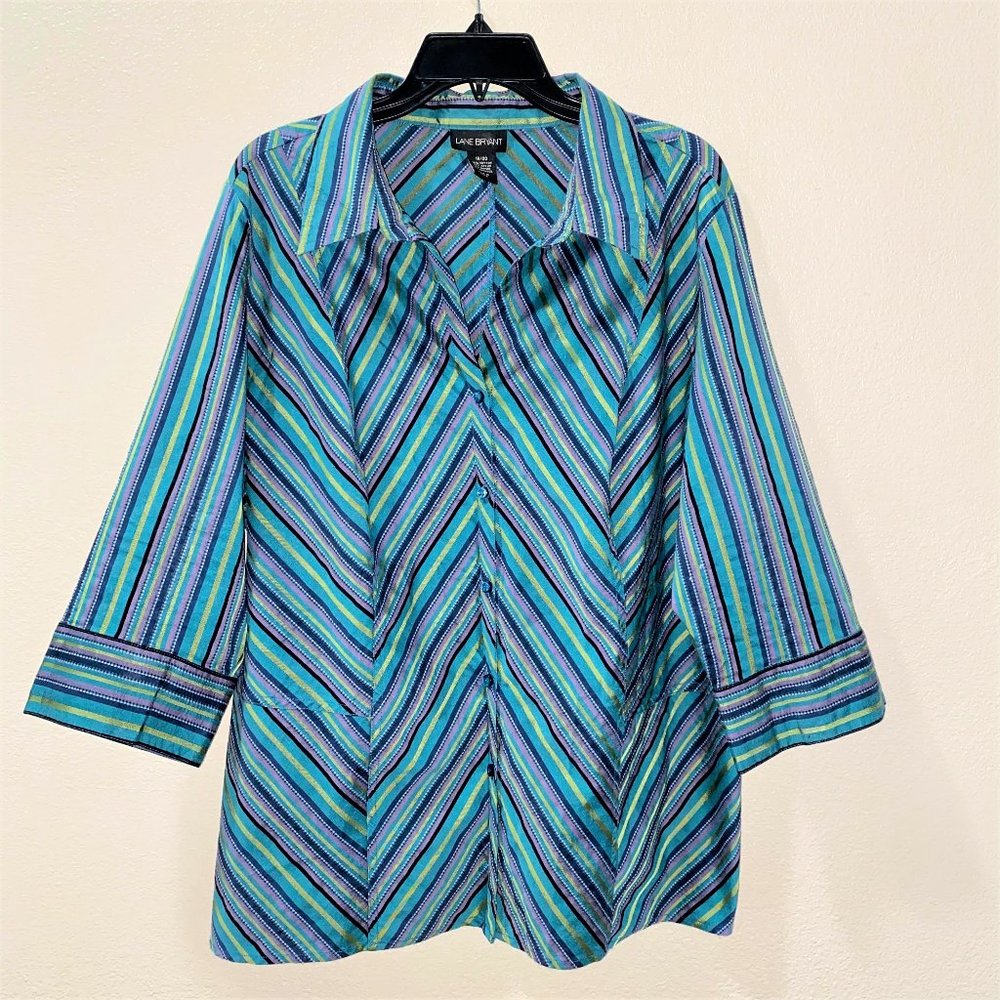 3/$25 Lane Bryant Button Front Striped 3/4 Sleeves Shirt, Green Size 18-20